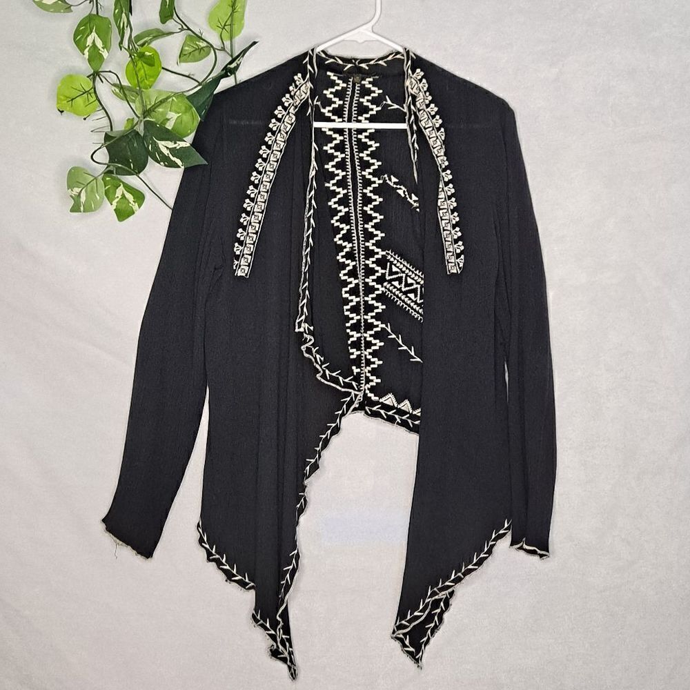 Aakaa Open Front Embroidered Geometric Cover-up Cardigan Black White Medium